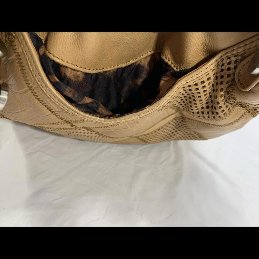 B. Makowsky Beige/Tan Patchwork Leather Weekender Tote Bohemian Shoulder Bag - Picture 8 of 14